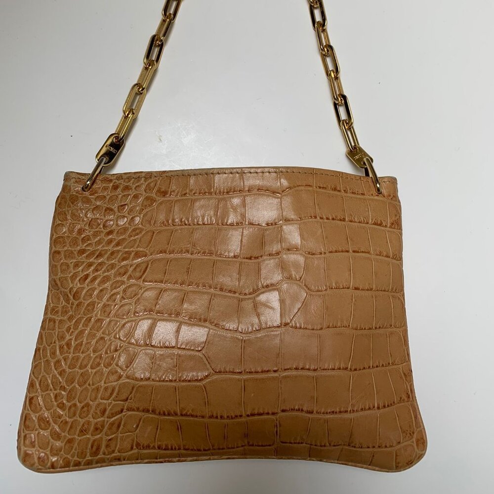 Croc Embossed Tan Leather Made in Italy Chain Shoulder Bag